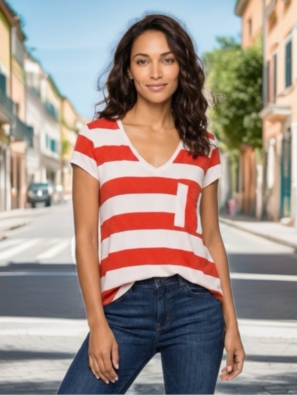 Women's Orange and White Striped V-Neck Pocket Tee